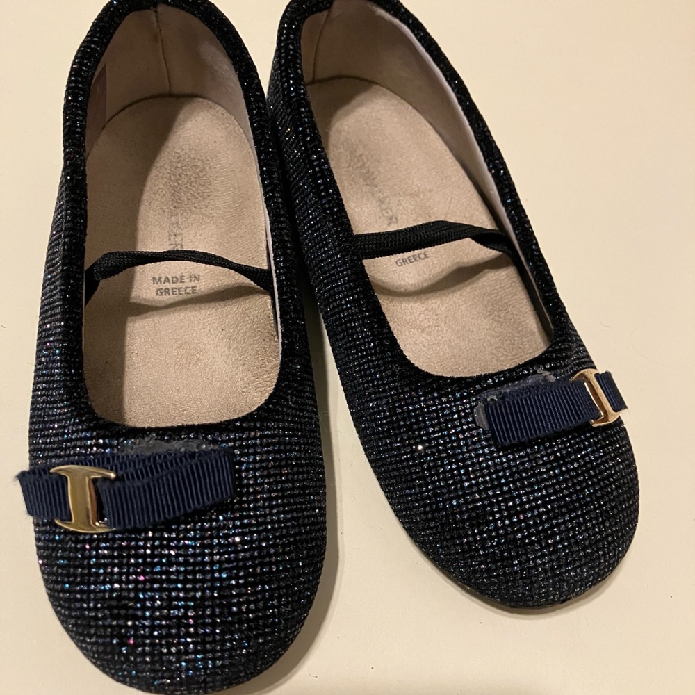 Iridescent Navy Blue Girls Ballet Flats Kids Shoes with Bow Accent Shiny